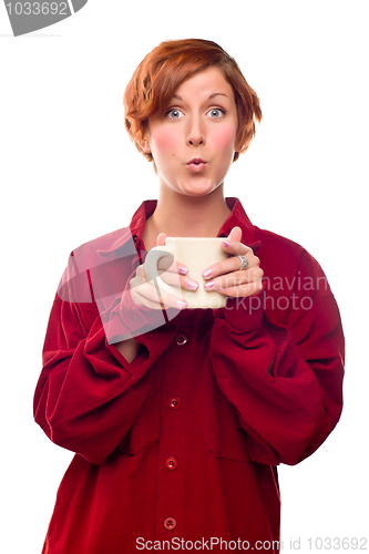 Image of Pretty Red Haired Girl with Hot Drink Mug Isolated