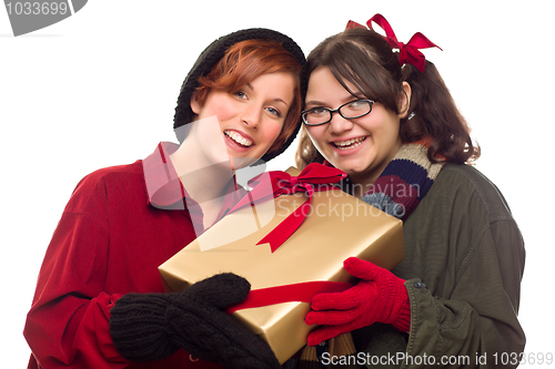 Image of Two Pretty Girlfriends Holding A Holiday Gift