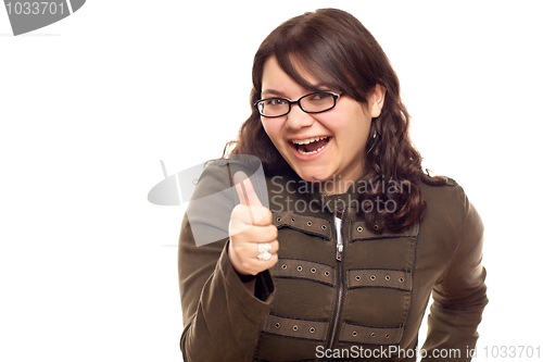 Image of Excited Young Caucasian Woman With Thumbs Up on White