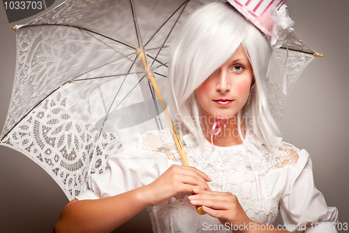 Image of Pretty White Haired Woman with Parasol