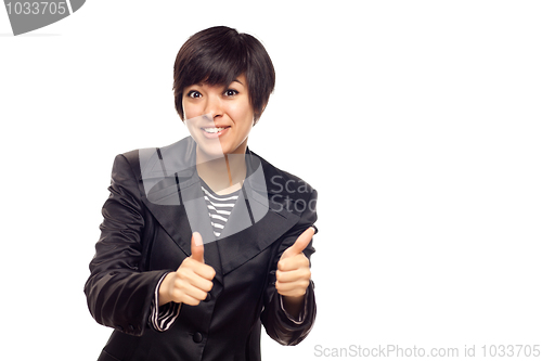 Image of Happy Young Mixed Race Woman With Thumbs Up on White