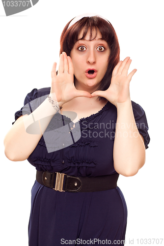 Image of Expressive Young Caucasian Woman with Hands Framing Face