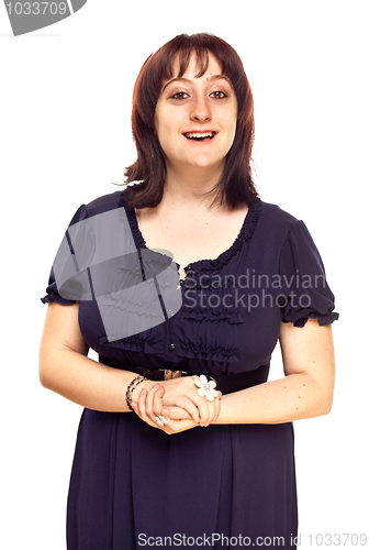 Image of Happy Young Caucasian Woman Smiles on White