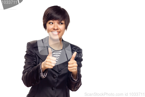 Image of Happy Young Mixed Race Woman With Thumbs Up on White