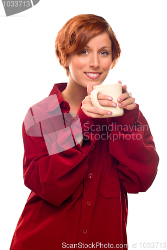 Image of Pretty Red Haired Girl with Hot Drink Mug Isolated