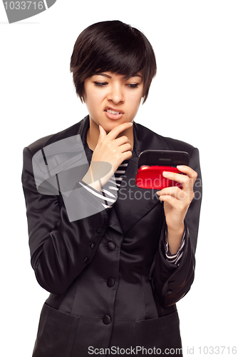 Image of Frustrated Young Mixed Race Woman Looking At Cell Phone