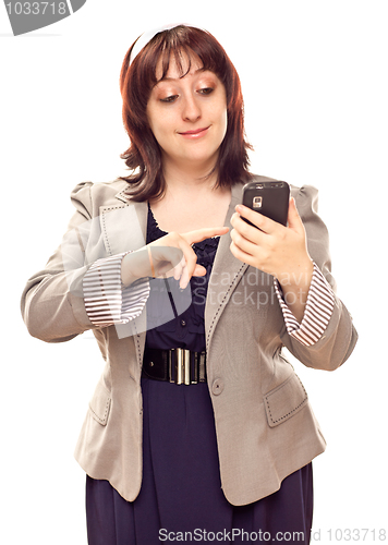 Image of Happy Young Caucasian Woman Texting On Mobile Phone