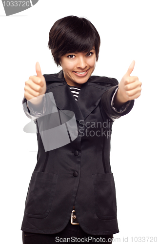 Image of Happy Young Mixed Race Woman With Thumbs Up on White