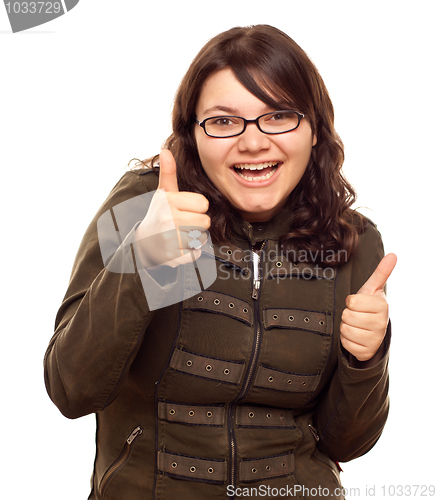 Image of Excited Young Caucasian Woman With Thumbs Up