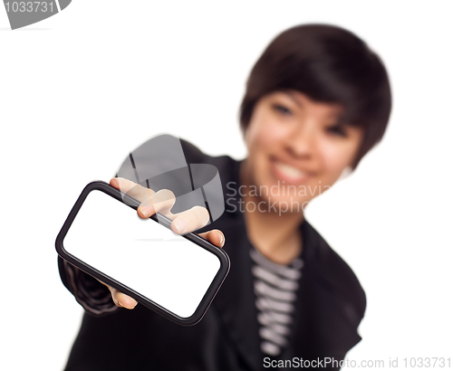 Image of Smiling Young Mixed Race Woman Holding Blank Smart Phone