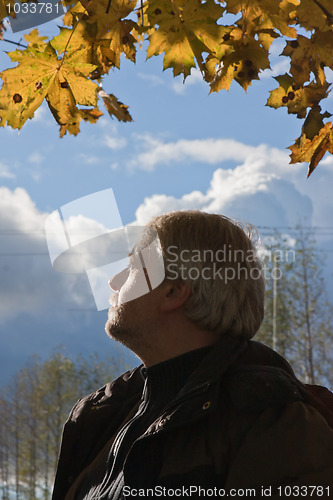 Image of Portrait of middle-aged man in autumn day.