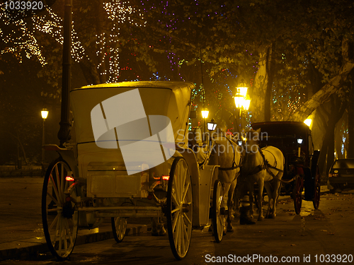 Image of Carriage with horses in night