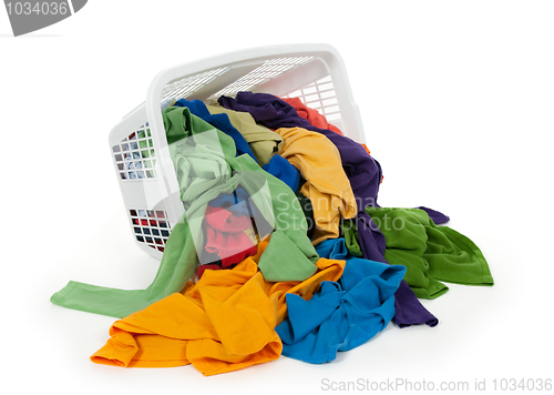 Image of Bright clothes falling out of a laundry basket