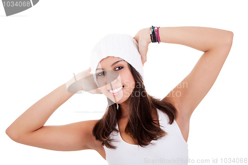 Image of Beautiful and happy young Woman with a hood arms raised