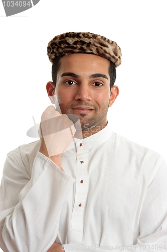 Image of Happy ethnic man wearing traditional clothing