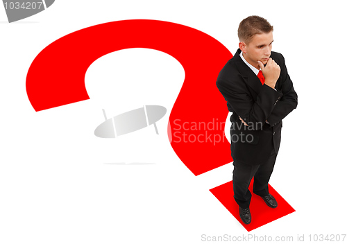 Image of Businessman standing on question mark