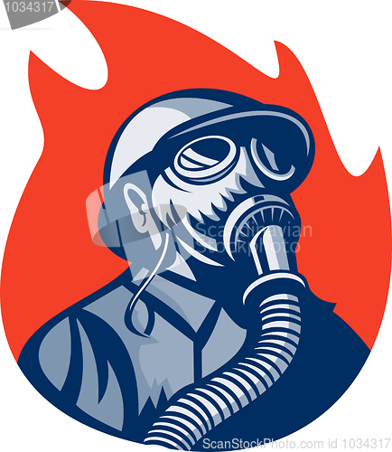 Image of ireman or firefighter wearing vintage gas mask 