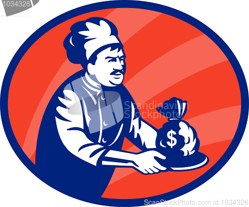 Image of Baker chef or cook serving up bag of money