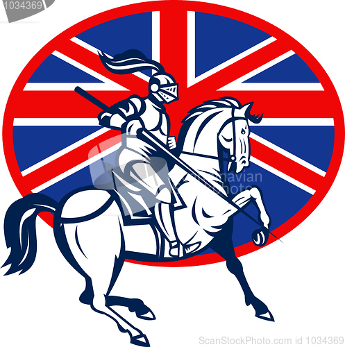 Image of Knight on horse with lance and British or great Britain flag