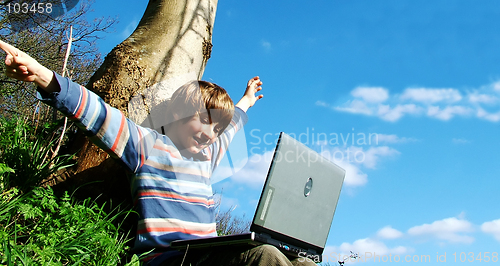 Image of Yes! (child with notebook sit blue sky)