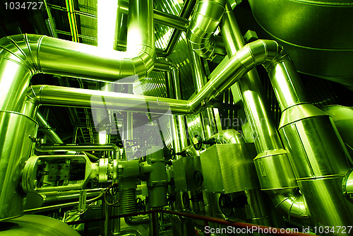 Image of Industrial zone, Steel pipelines in green tones  