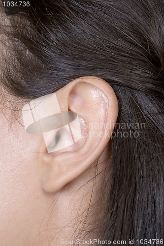 Image of closeup of young caucasian woman ear