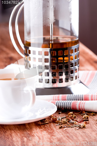 Image of french press and cup of fresh herbal tea 