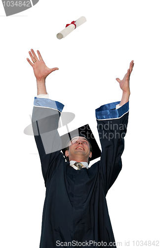 Image of graduate in cloak throwing diploma