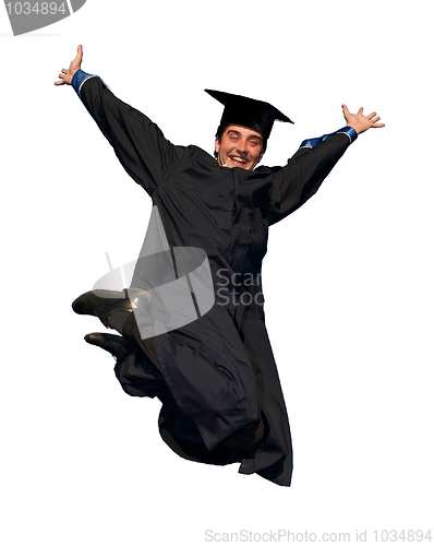 Image of happy jumping graduate isolated