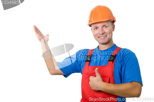 Image of builder in uniform pointing up