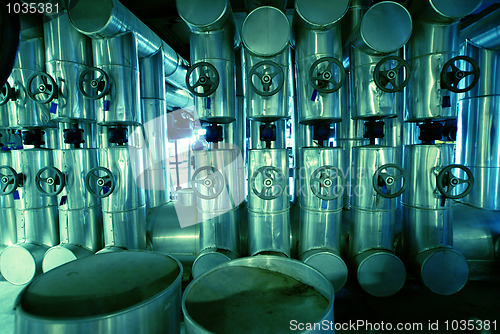 Image of Industrial zone, Steel pipelines in blue tones  