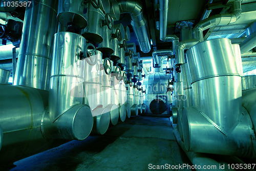 Image of Industrial zone, Steel pipelines in blue tones  