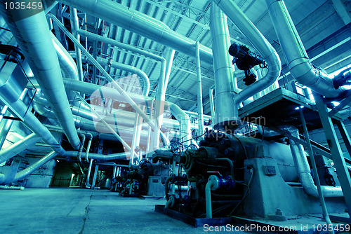 Image of Industrial zone, Steel pipelines in blue tones  