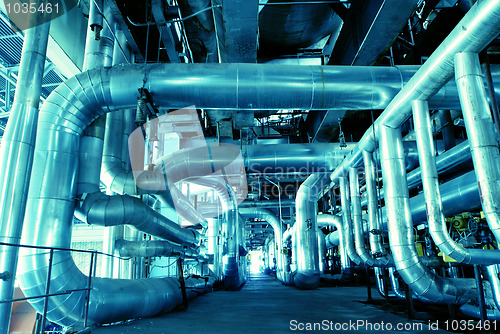 Image of Industrial zone, Steel pipelines in blue tones  