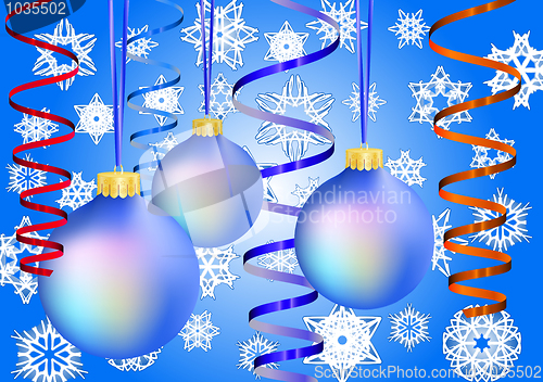Image of Three blue christmas-balls on snow background
