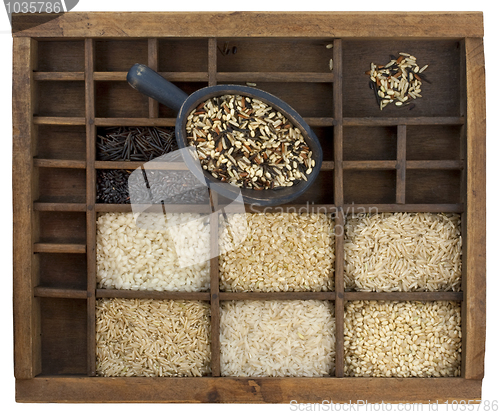 Image of variety of rice grains in vintage wooden drawer with scoop