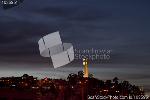 Image of night time skyline of San Francisco with Coit Tower