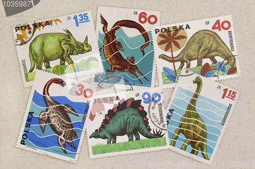 Image of dinosaurus - set of vintage post stamps from Poland