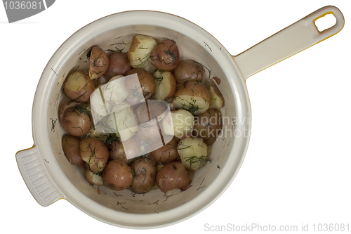 Image of freshly cooked young red potatos in a pot