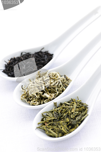 Image of Assortment of dry tea leaves in spoons