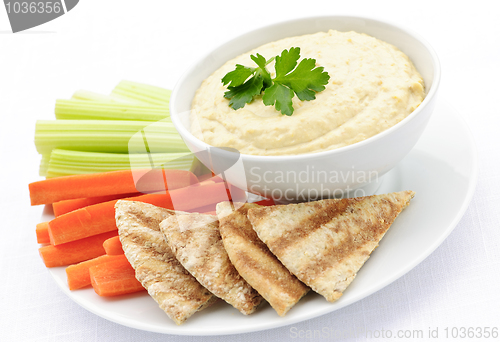 Image of Hummus with pita bread and vegetables