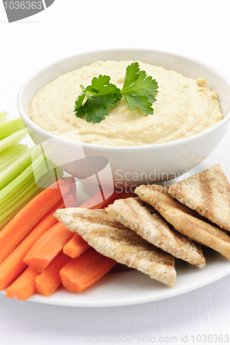 Image of Hummus with pita bread and vegetables