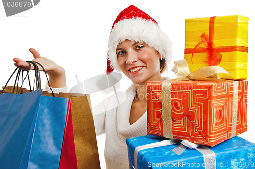 Image of Portrait of the young woman with New Year's gifts, it is isolate