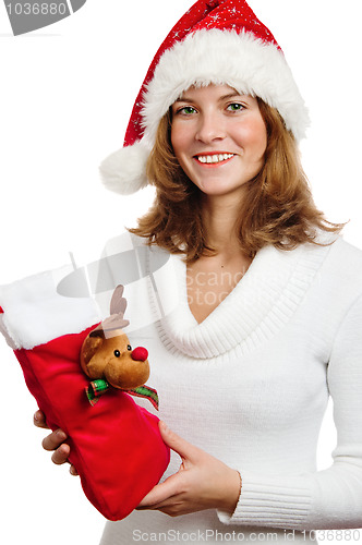 Image of Portrait of the young woman with New Year's gifts, it is isolate