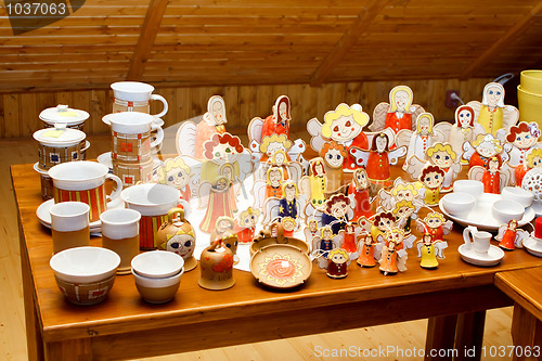 Image of Hand-made ceramic Christmas decorations, angels and other figures