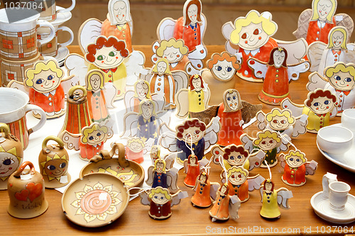 Image of Hand-made ceramic Christmas decorations, angels and other figures