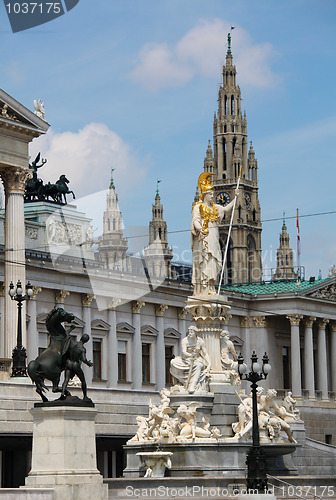 Image of Athena Fountain and the Austrian Parliament in front, Vienna Cit