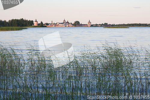 Image of lake landscape with old Russian monastery
