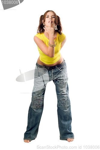 Image of Naughty girl in wide jeans