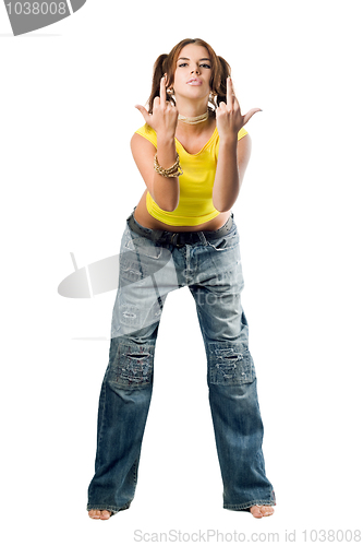 Image of Naughty girl in wide jeans
